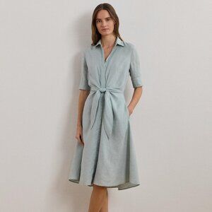 185$ Lauren Ralph Lauren Tie-Front Linen Shirtdress Women's Size 2 Aqua Pearl